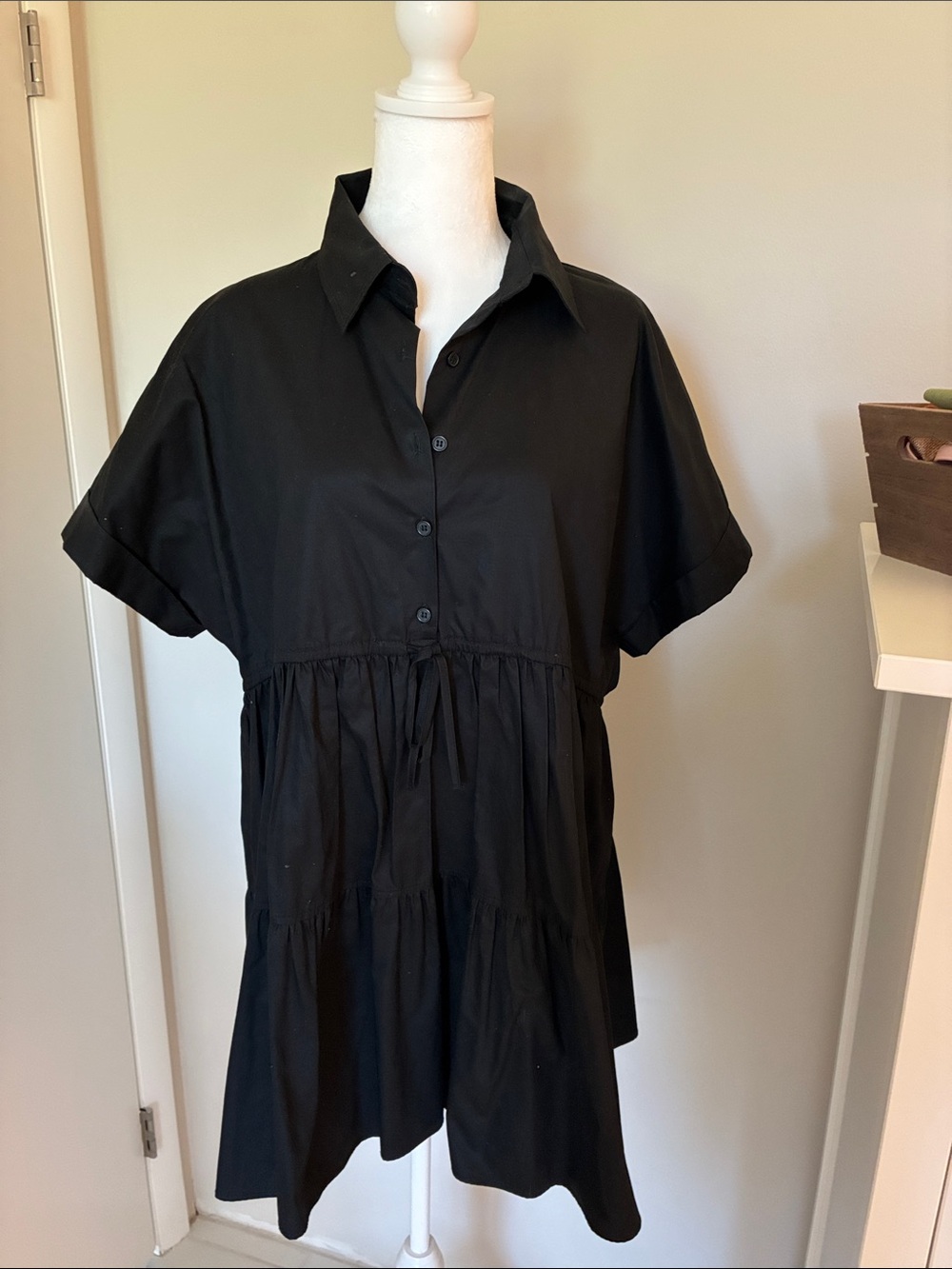 Zara Black Short-Sleeve Tiered Mini Shirt Dress